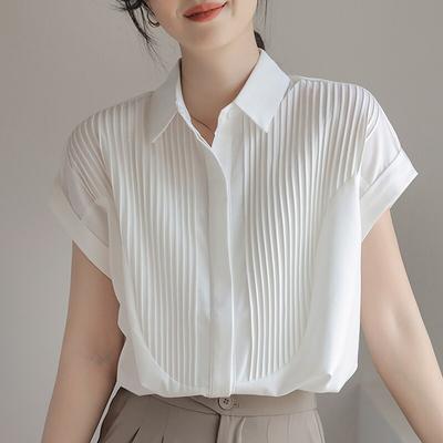 Camicetta a righe pieghettate casual estiva Camicetta moda donna Bottoni bianchi Camicia da donna Top Camicette a maniche corte Abiti larghi 27508