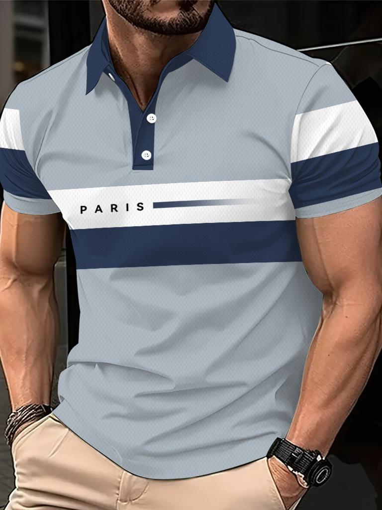 Print Design - Non-Textured Men'S Summer - Color-Blocked Print, with Trimmed Collar And Sleeves, Breathable Short-Sleeve T-Shirt, Suitable for Casual