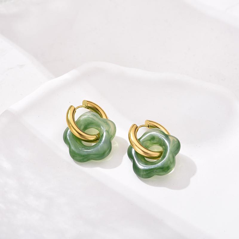 New Flower Resin Acrylic Drop Earrings Gold Color Round Circle Stainless Steel Ear Buckle Hoop Earrings For Women Jewelry Gift