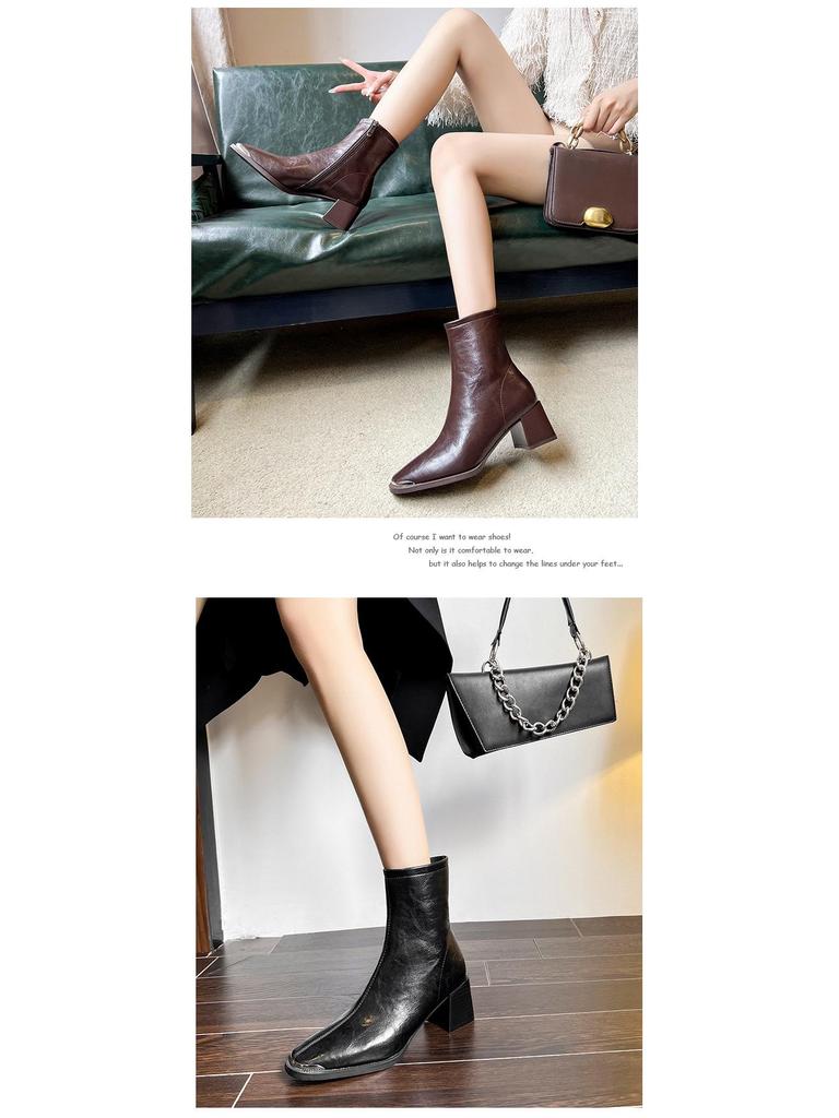 Women's Super Comfortable Chunky Heel Martin Boots - High Heel Square Toe Ankle Boots, Soft Leather, Short Tube Design