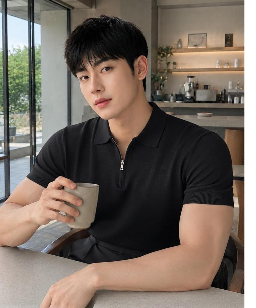 HERVINO Soft Half-Zip Muscle Fit Collared Short Sleeve Knit [Black]