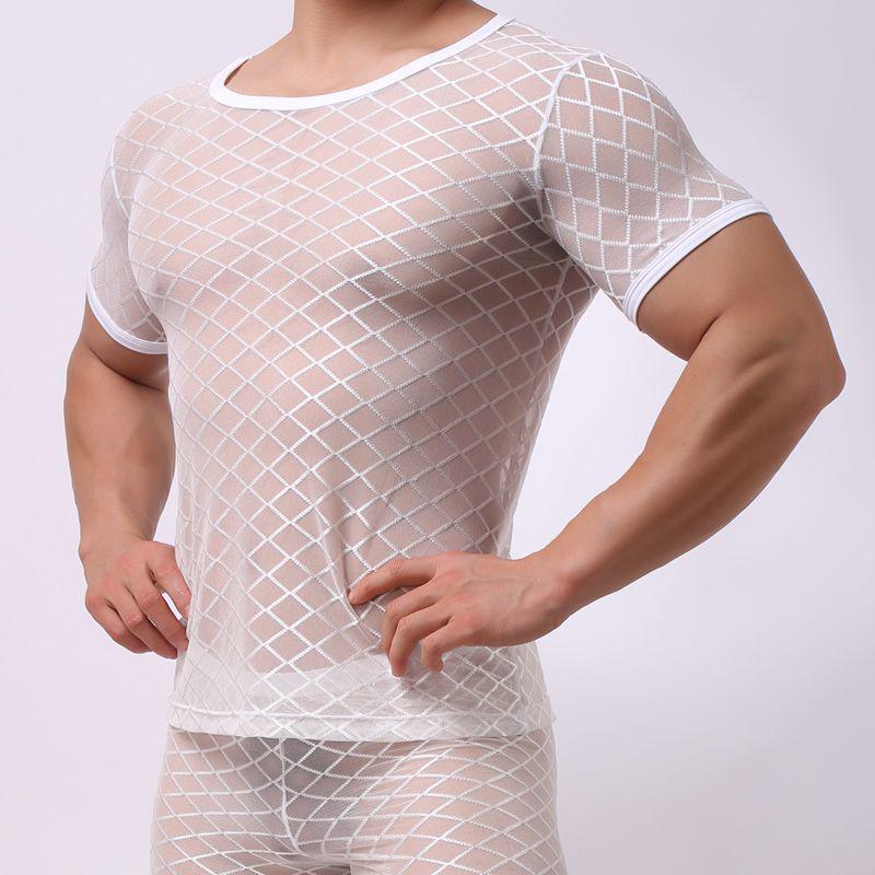 Men's Short Sleeve See-Through Mesh Slim Fit Diamond Net Top B-01
