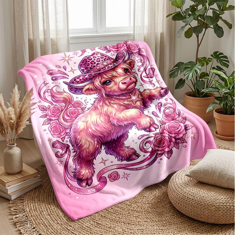 Flower Crown Highland Cow Theme Blanket Lightweight Warm Flannel Blanket Decorative Throw Blanket for Home Decoration