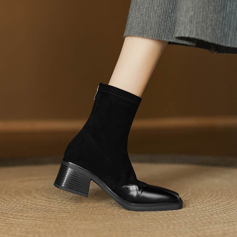 Krazing Pot Microfiber Flock Winter Square Toe Modern Size 33 Boots Size 43 Zipper KPOP Style Fashion Stretch Ankle Boots