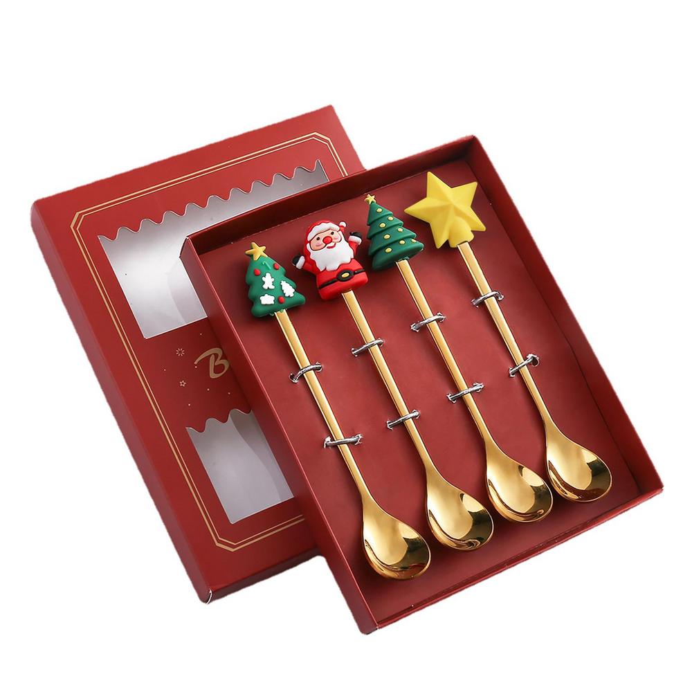 4pcs Christmas Coffee Spoons Forks Set Stainless Steel Spoon Forks Christmas Gifts Smooth And Sturdy Tableware Spoons Set