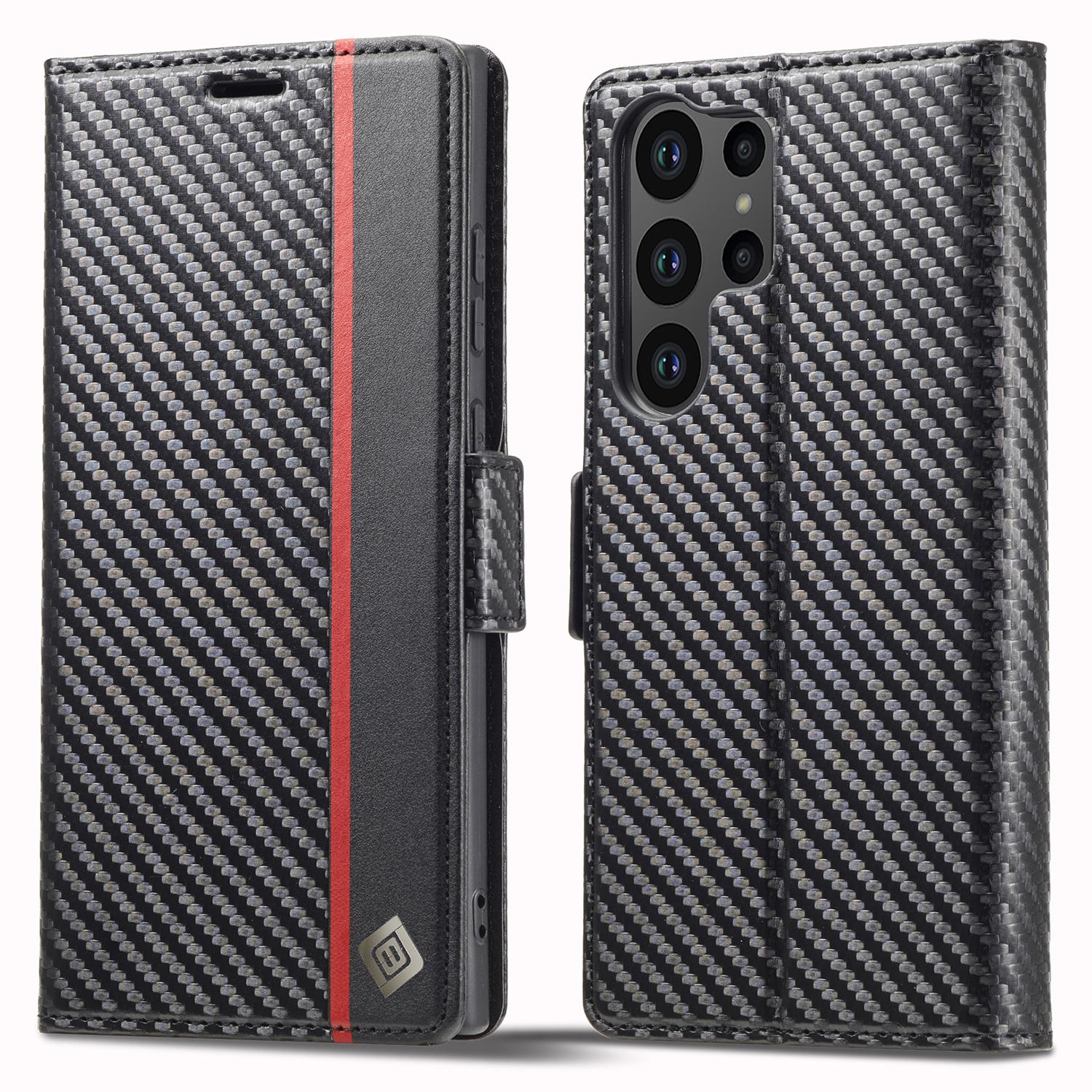 

LC.IMEEKE For Samsung Galaxy S25 Ultra Case Carbon Fiber Texture Phone Cover Stand Card Holder Vertical Stripe