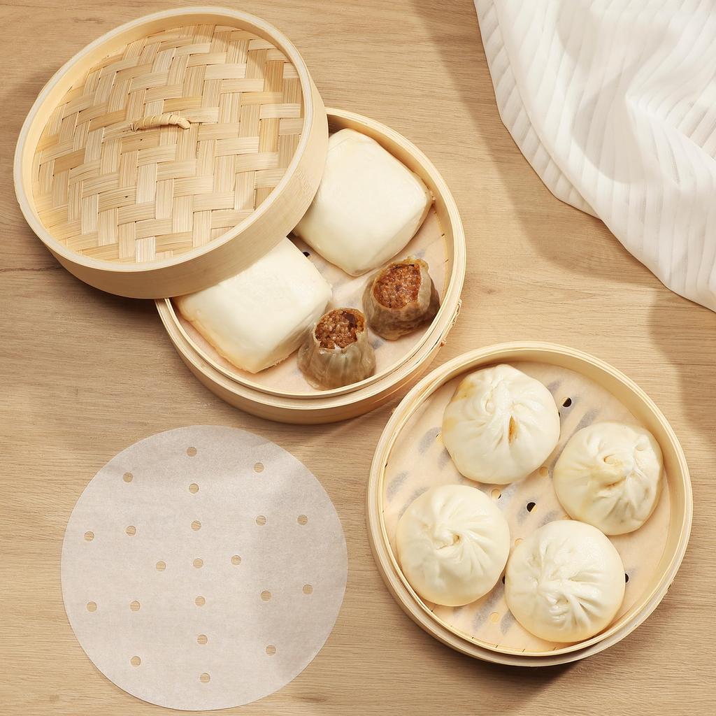 Bambus-Dämpfkorb-Set Enthält 2 Dampfgarer und 1 plus 50 Blatt Spezial-Perfekt zum Dämpfen und andere gedämpfte Handgefertigter Bambus geeignet für (21 cm)