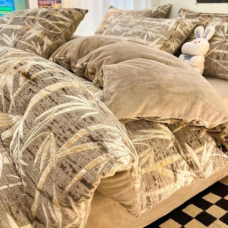 Winter Dickes Bedrucktes Milchsamt Vier-Teile-Set Bequem und Warm Kurzplüsch-Bettbezug 3-teiliges Set Kinderbettlaken