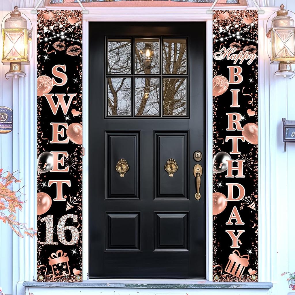 Avezano Sweet 16 Banner Rose Gold Sweet 16 Happy Birthday Porch Signs 16th Birthday Decorations for Girls Sweet Sixteen Year Old Birthday Banner