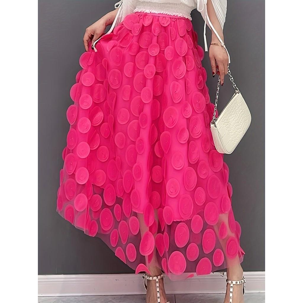 3D Applique Patchwork Tulle A-Line Midi Skirt with Lining Layered Flowy Half Skirt for Women Ethereal QT-2176