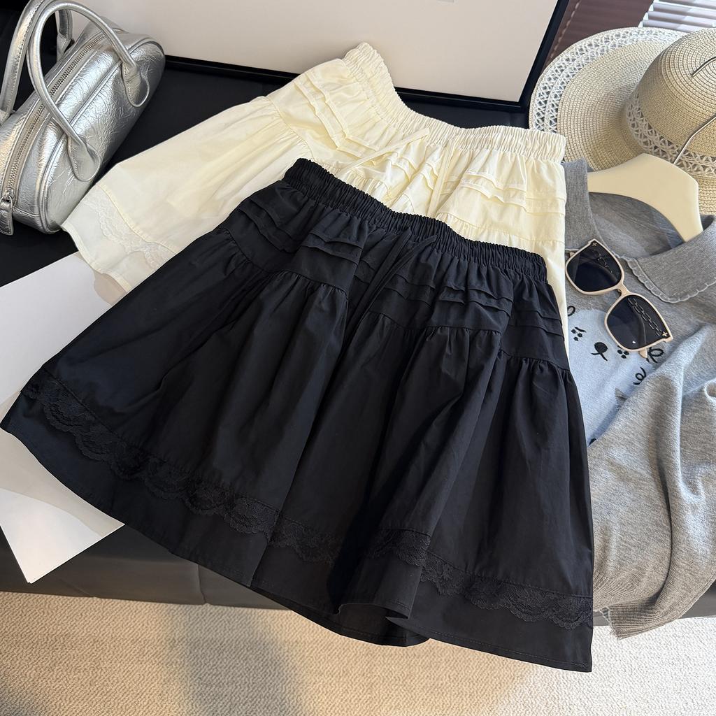 Women's Elastic Waist A Line Mini Skirt Loose Fit Japanese Korean Casual Solid Lace Tiered Ruffle Short Skirt