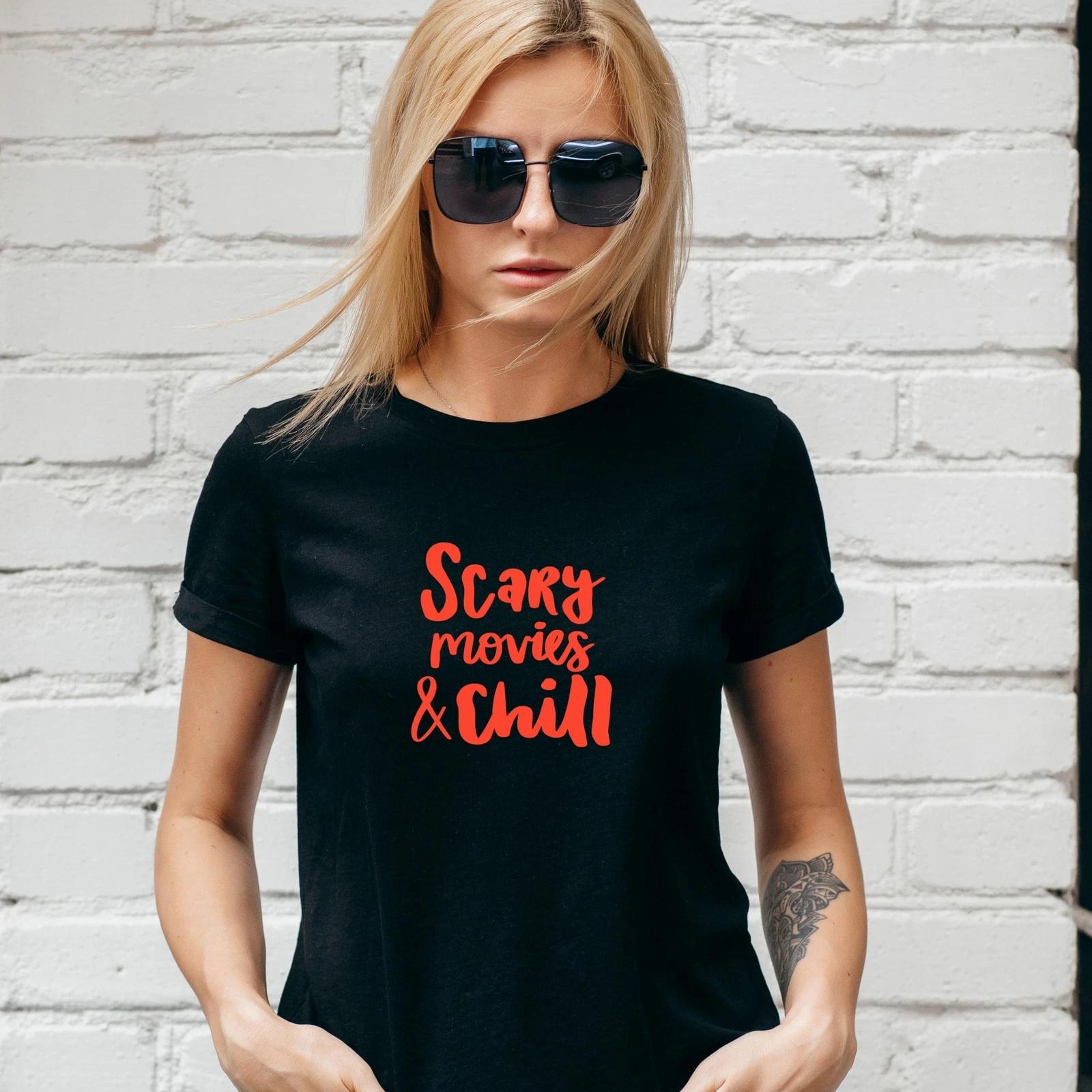 SCARY MOVIES AND CHILL T-Shirt, Amber Motif, HALLOWEEN Unisex/Lady Fit S