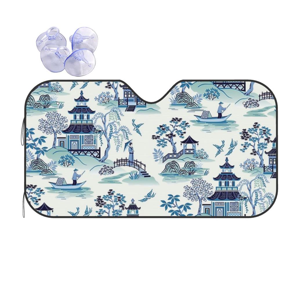 Blue Willow Chinoiserie Sunshade Windscreen Car Front Windshield Window Sun Visor Accessories Covers