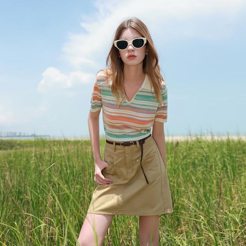 

Женский поло-свитер Sancai с коротким рукавом в полоску S