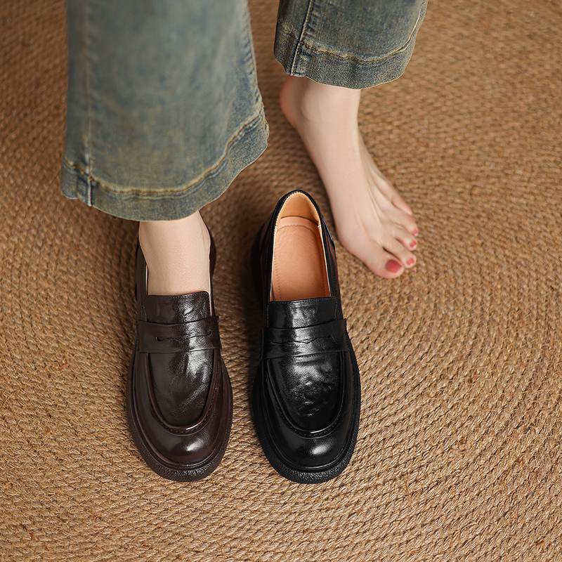 Krazing Pot Sheepskin Autumn Winter Shoes Slip on Chunky Heels Oxford Shoes Size 43 Round Toe Deep Mouth Waterproof Pumps