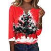 Women's Casual Christmas Print V Neck Button Up 3/4 Sleeve T Shirt Top