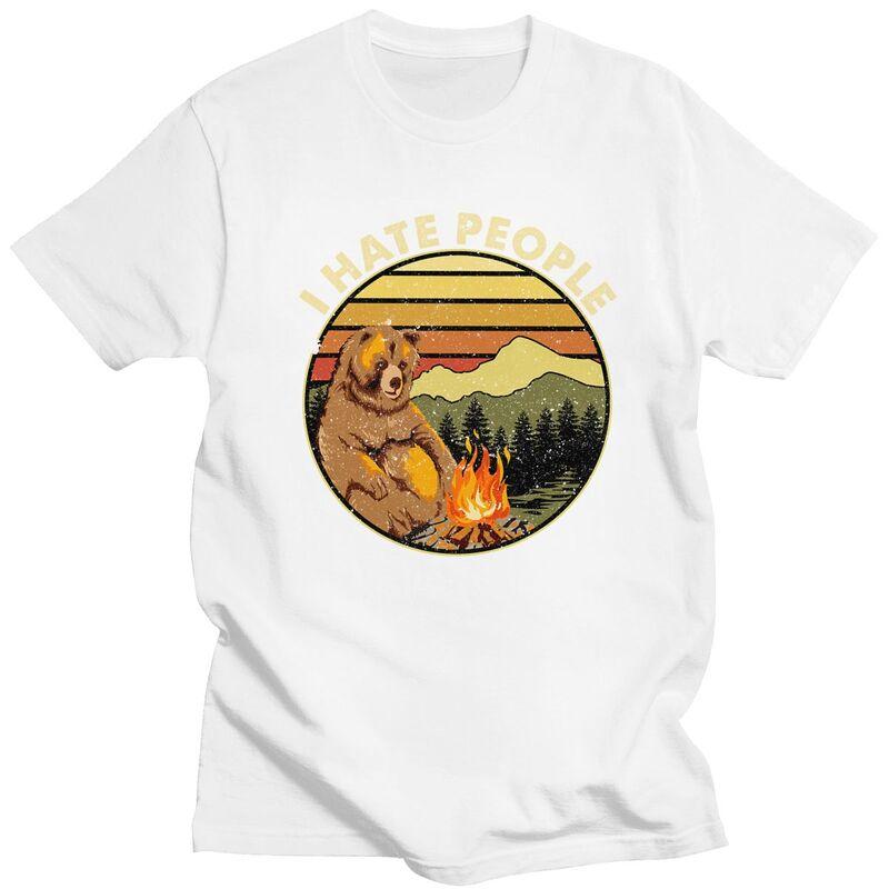 Custom Mens Bear Camping I Hate People T Shirts Short Sleeve Cotton Tshirts Casual Adventure Capmer Tees Loose Fit Clothing
