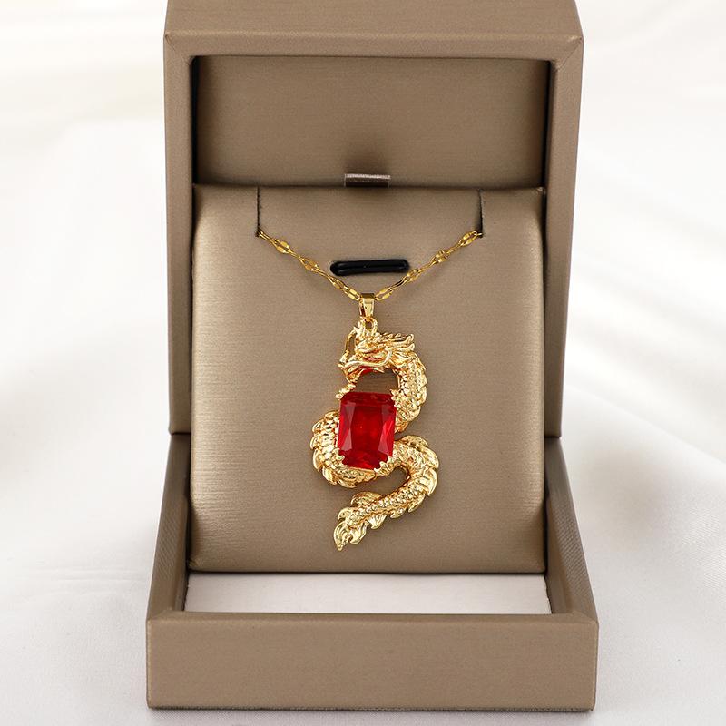 Copper Micro-inlaid Zircon Hip-hop Loong Ruby Pendant Necklace Temperament Light Luxury Niche Design.