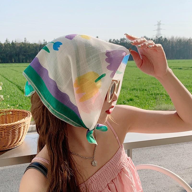 Eșarfă mică pătrată retro de țară, eșarfă artistică franțuzească din bumbac și in, eșarfă de cap pentru femei de primăvară și toamnă, vară, pentru umbră și protecție solară