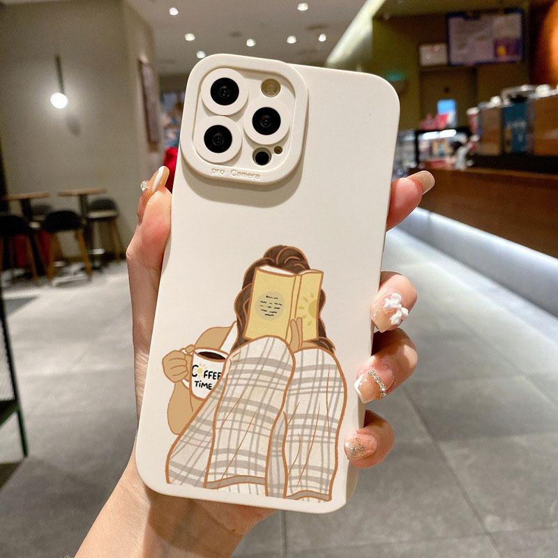 Read Book And Coffee Girl Phone Case Cute Cover for Iphone 7 8 Plus SE 2020 13 14 12 11 Pro Max X XS XR Soft Silicone Back Cover