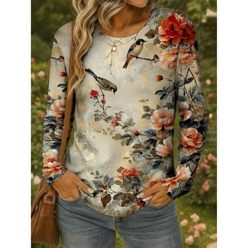 

Женская футболка с цветочным графическим принтом и птицами, модная стильная футболка с длинным рукавом и круглым вырезом, обычный топ XXL