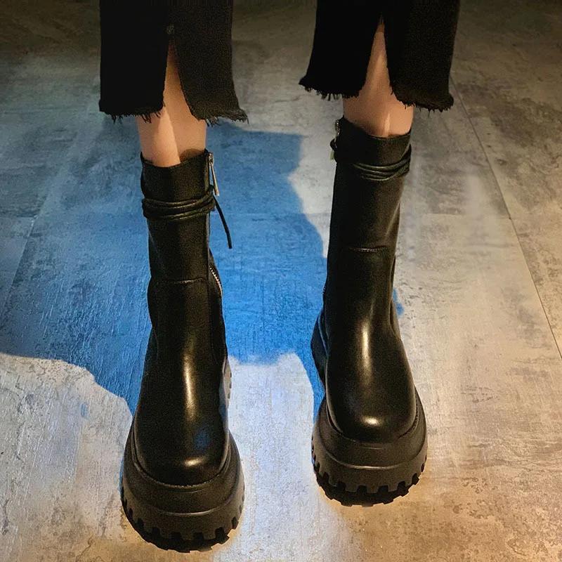 Fashion Soft Leather Thick Sole Women's Boots New Short Boots Women's Shoes Side Zipper Rider Boots Back Lace-Up Middle Boots