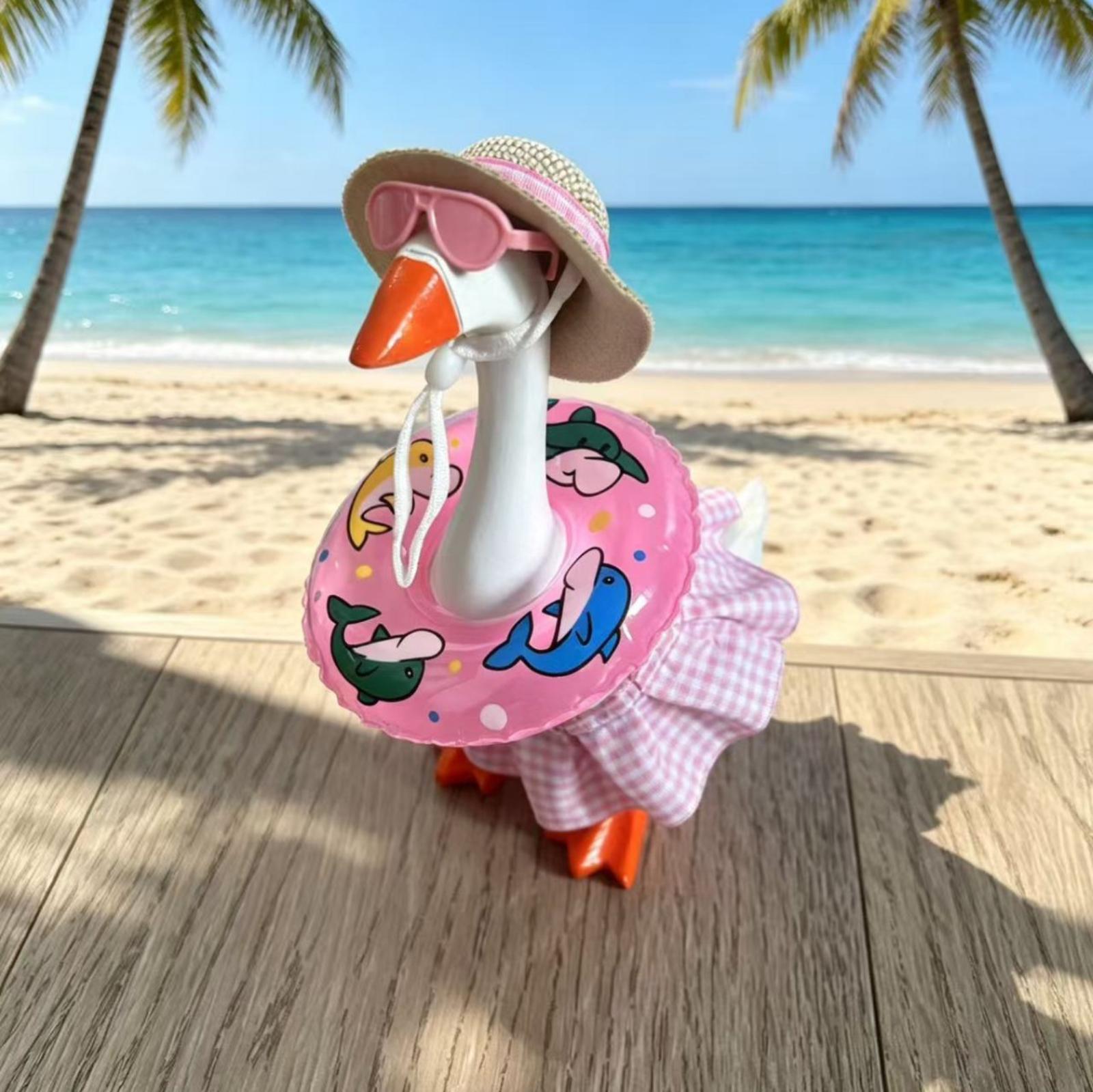 7 Inch Summer Beach Style Goose Figurine with Straw Hat Sunglasses Swim Ring and Dress Set for Decorative Display One Size розовый