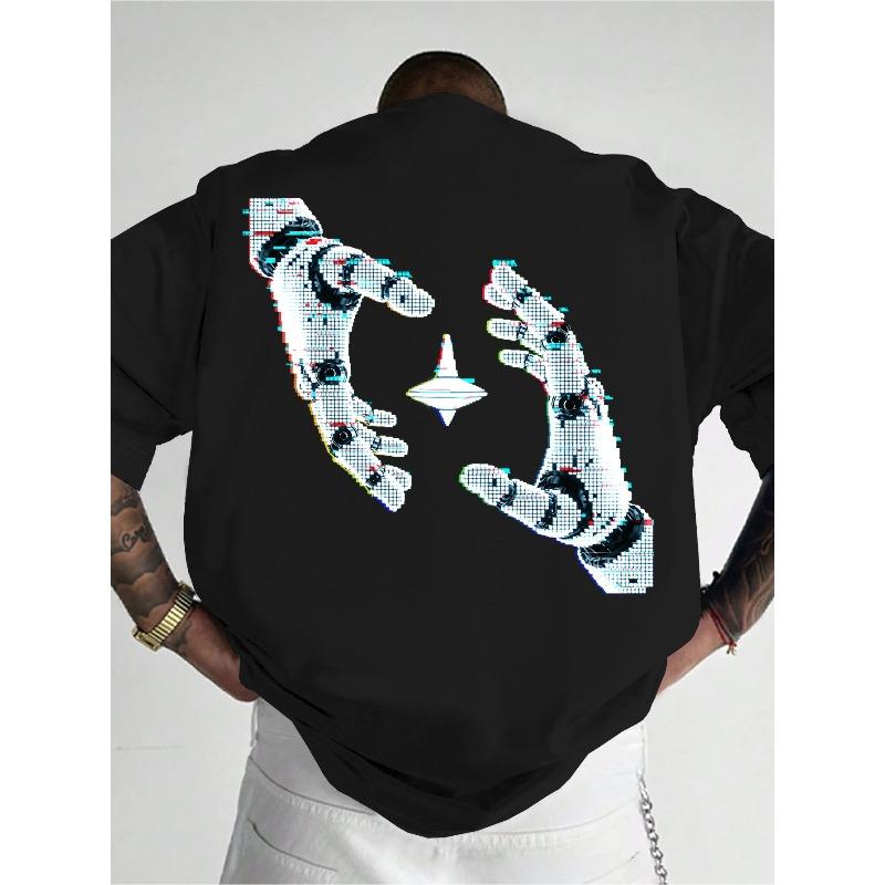 European sizes A Stylish T-Shirt Featuring a Futuristic Cyberpunk Glitch-Style Mechanical Arm And Geometric Symbols S