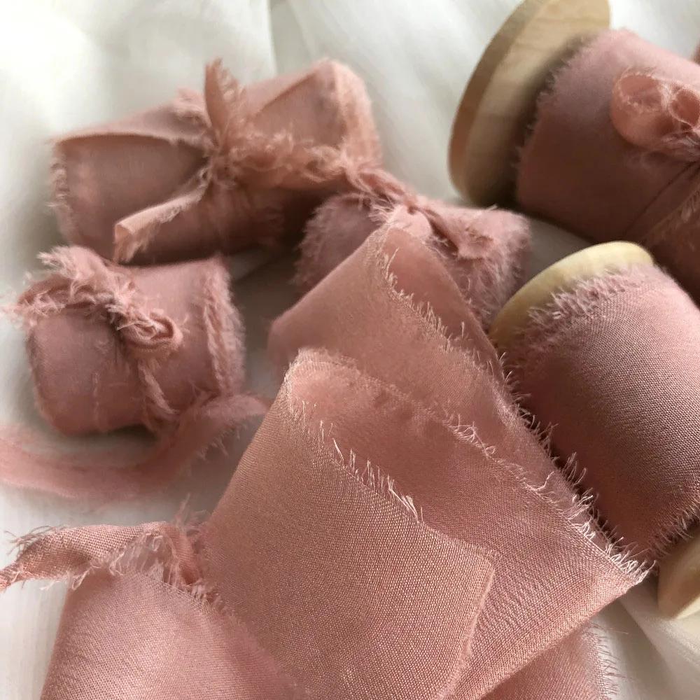 Prawdziwa Czysta Jedwabna Wstążka Haft Satynowa Bawełna Surowe Brzegi do Rękodzieła Wesele Przyjęcie Bukiet Ślubny Zaproszenia Rustykalny Styl