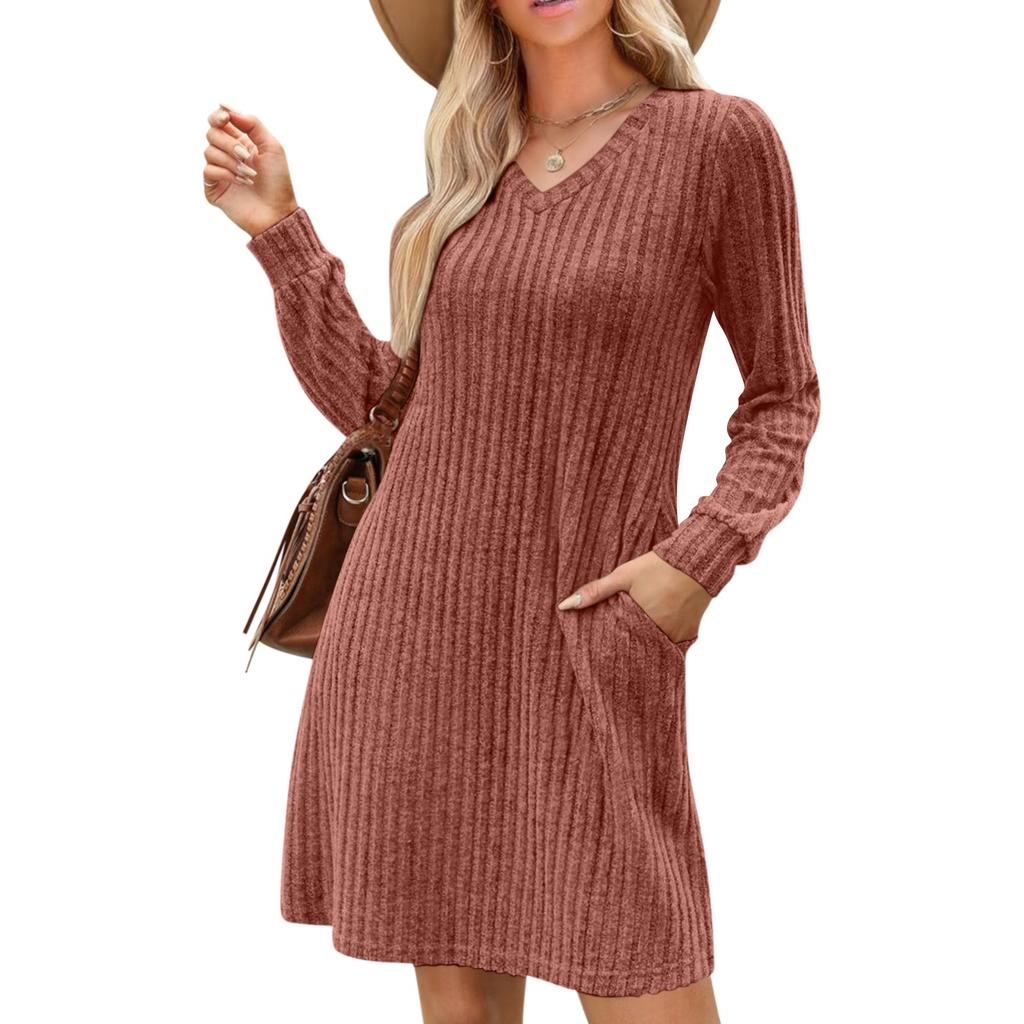 Womens V Neck Fall Dresses Long Sleeve Casual Sweater Short Dress Fashion Clothes