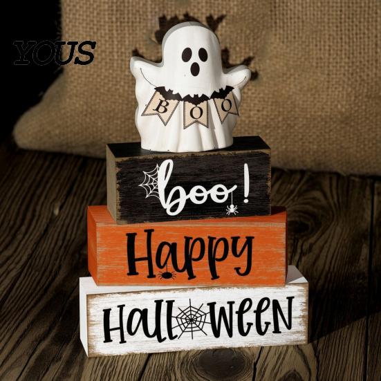 Indoor Fall Home Accents Halloween Ghost Decoration, Wooden Sign Tiered Tray Ornament, Farmhouse Scenery for Shelves Tabletop Centerpiece Coffee