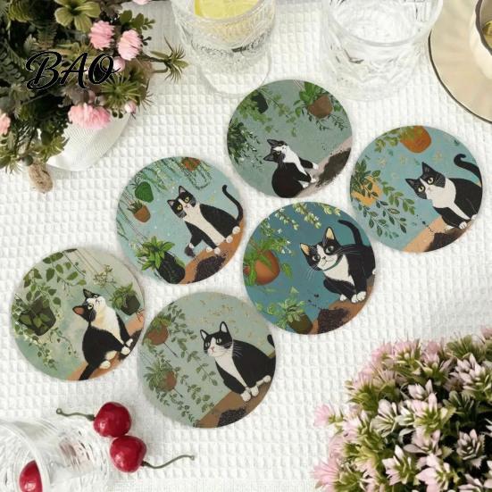 Unique Cat Themed Gifts Wooden Coasters, Decorative Heat Resistant Table Mats, Non-slip Cup Retro Pattern Coasters Insulation for Hot Drinks And Desk