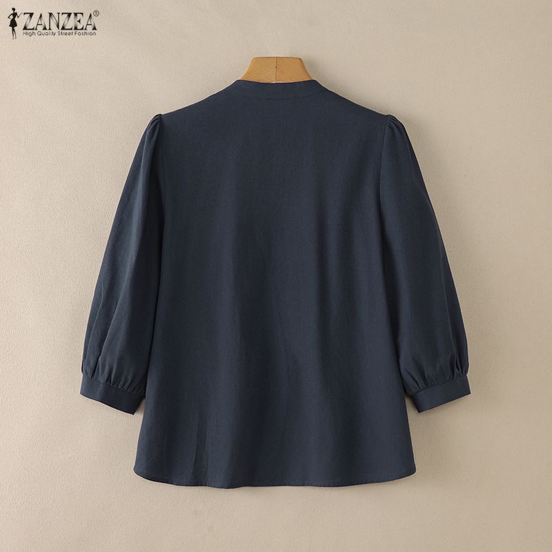 ZANZEA Blouse décontractée pour femme à col montant, ample, manches 3/4, en coton