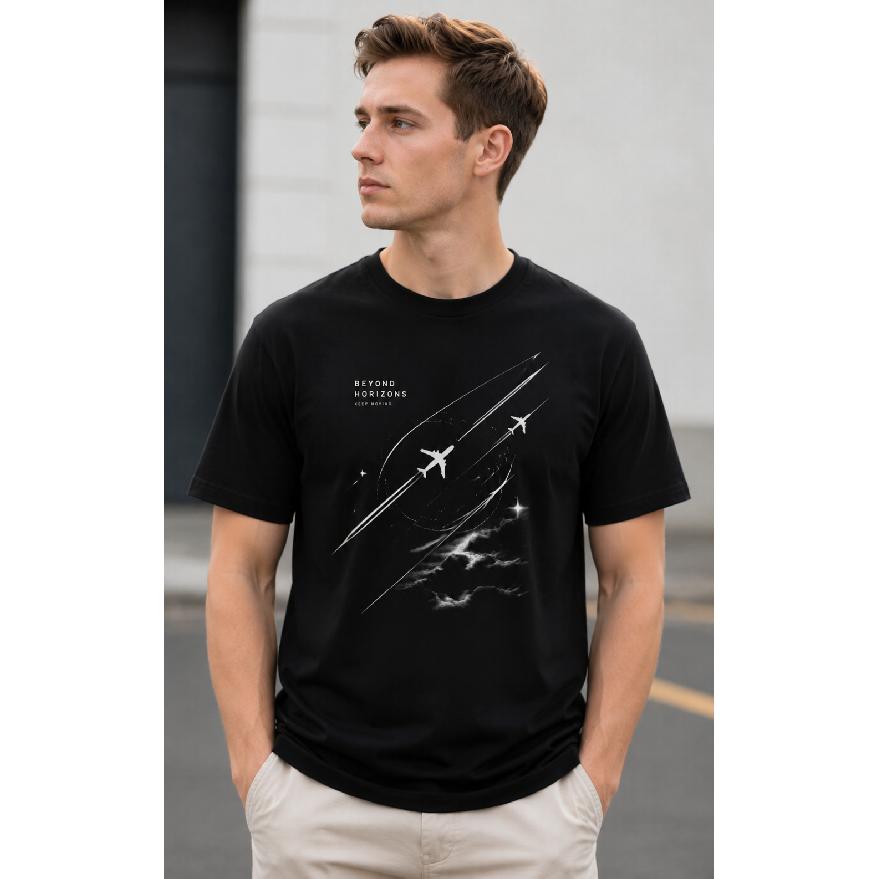 Men's Black Short Sleeve Crew Neck T-shirt with Aviation Graphic Print, Soft Cotton Blend, Relaxed Fit, Ideal for Travel Lovers and Casual Daily Wear