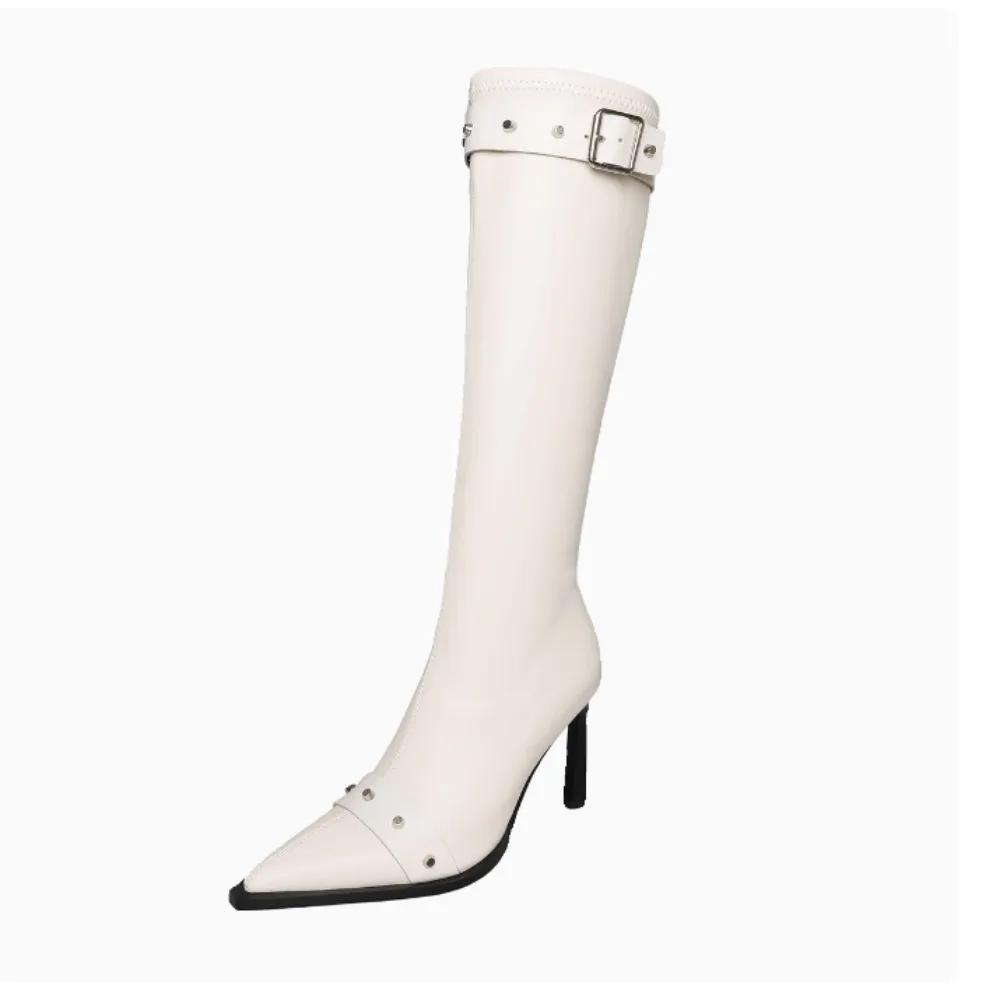 Women's High Top Zipper Belt Buckle High-heeled Solid Color Women's Boots 2024 New Spring and Autumn Women's Boots