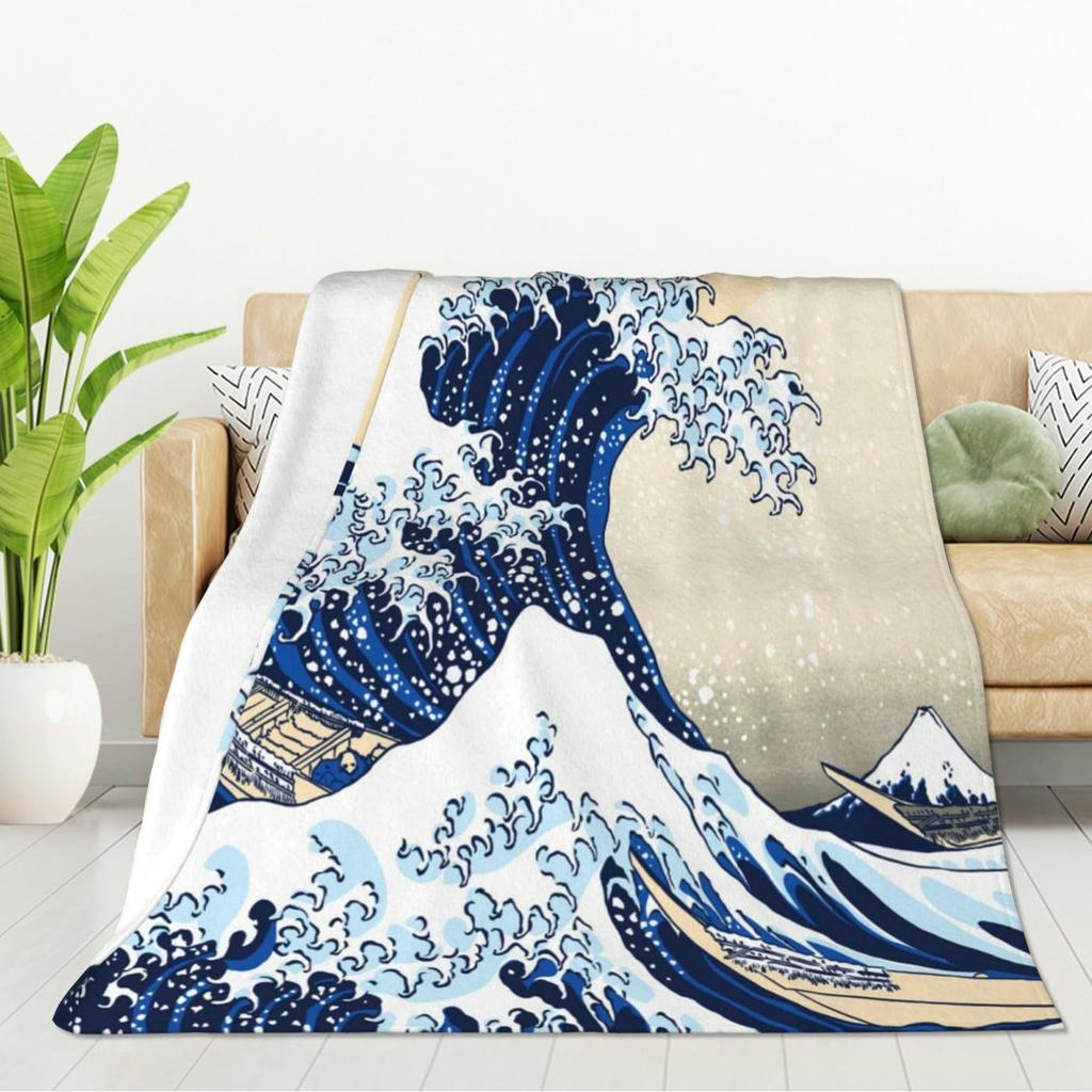 Wave-inspired Ukiyo-e paintings digital-printed polyester velvet flannel cover blanket Fleece soft sofa cover blankets for beds