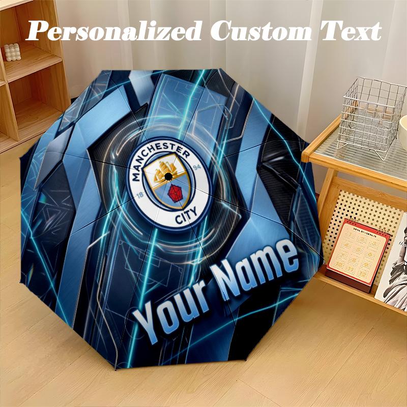 8 Rib Auto Folding Umbrella Manchester City Print Custom Name Text Portable Rain Gear