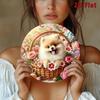 Pomeranian In Flower Basket Flat Metal Wall Art for Home Decoration