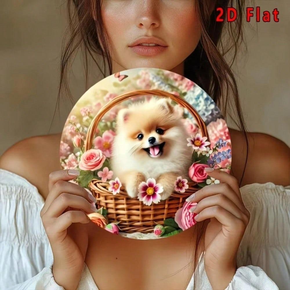 Pomeranian In Flower Basket Flat Metal Wall Art for Home Decoration