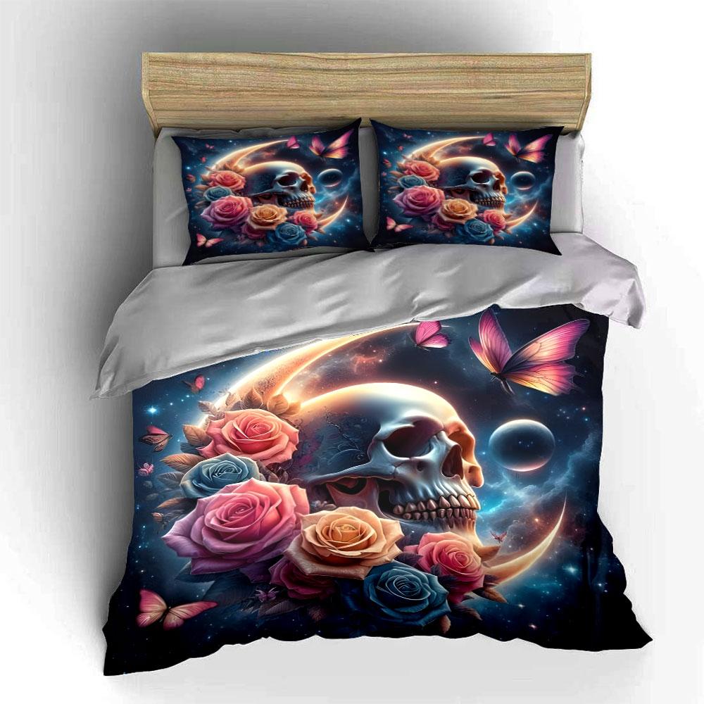 Skull, Roses, And Cosmic Butterflies Pattern Bedding Set Exquisite Three-Piece Bedding Set Gift For Kids And Adults