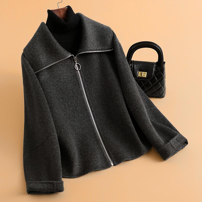 Double-sided Woolen Jacket Women's Short Autumn New Design Large Lapel Niche Zipper High-end Coat