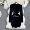 Autumn Winter Luxury Pearls Velvet Wedding Party Dress Women's Stand Collar Sparkling Sequins Beading Zipper Mini Fishtail Dresses