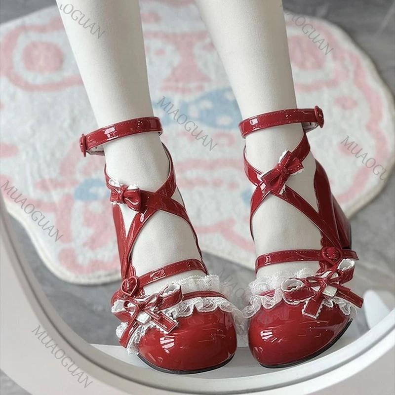 Fashion Lolita Red High Heels Cute Pumps Shoes Spring Autumn Lace Thick High Heels Single Shoes Patent Leather Mary Jane Women's Shoes
