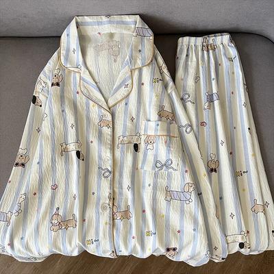 Harajuku Style Dog Print Pajamas Set  Casual Outside Pajamas for Women Lapel Neck Button Design Nightwear