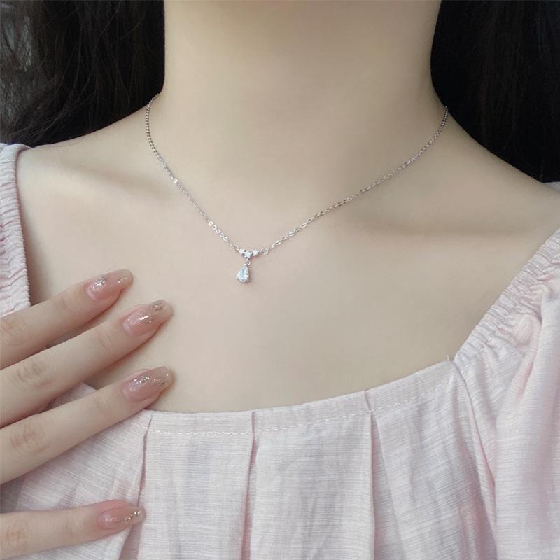 S999 Sterling Silver Zircon Water Drop Necklace – Elegant Light Luxury Clavicle Chain for Women