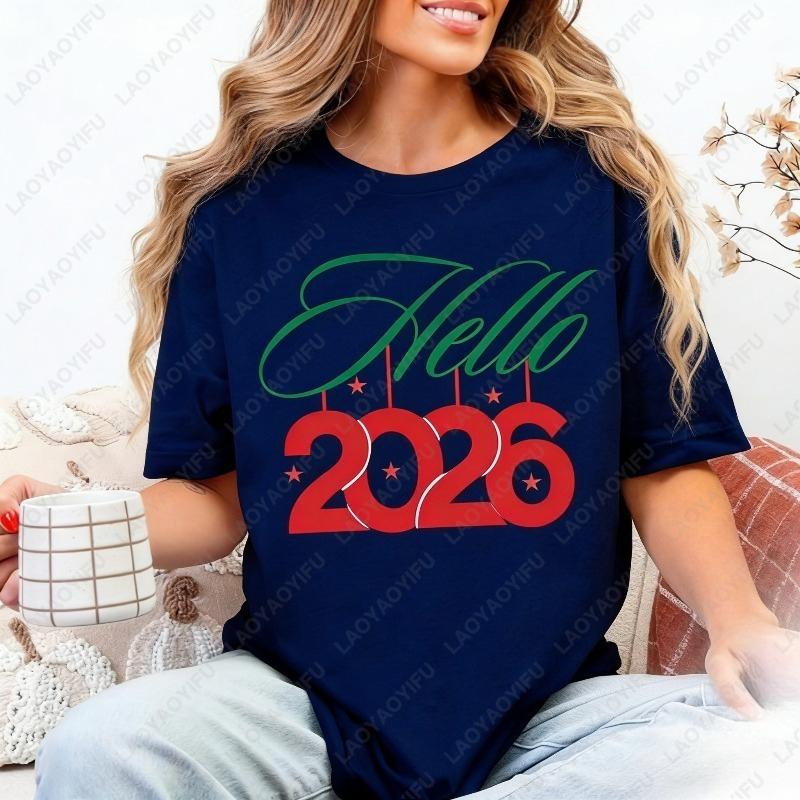 Hello 2026 New Years Eve Matching Unisex Adult Cotton Tee Festival Graphic  Simple Style Regular Short Sleeve Lovers Clothes