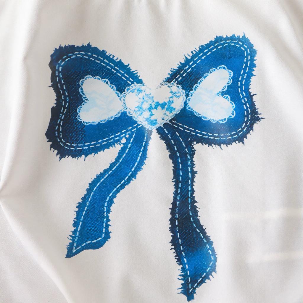 Girls' Fashion Set - Summer Children's Casual White Ribbon-Printed T-Shirt + Washed Denim Pants Set