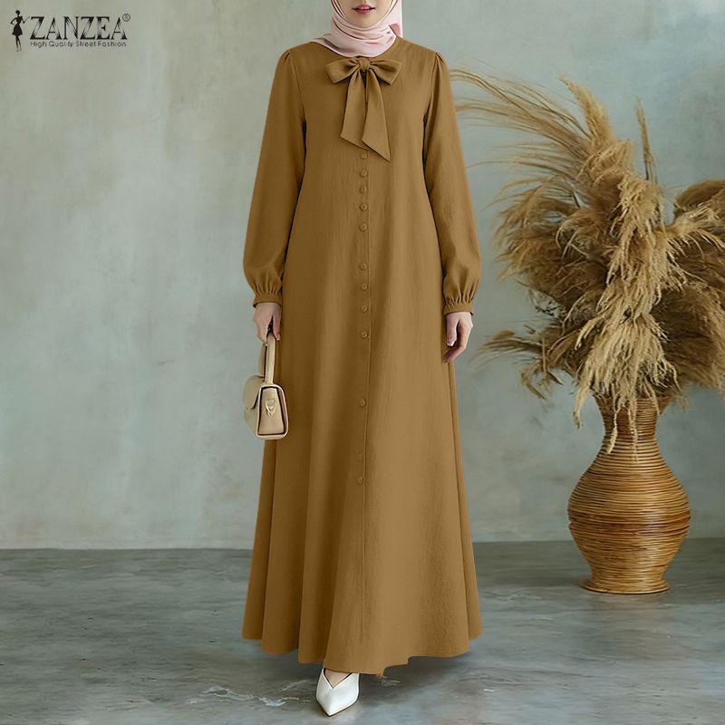ZANZEA Women Casual Round Neck Loose Long Sleeve Muslim Dress