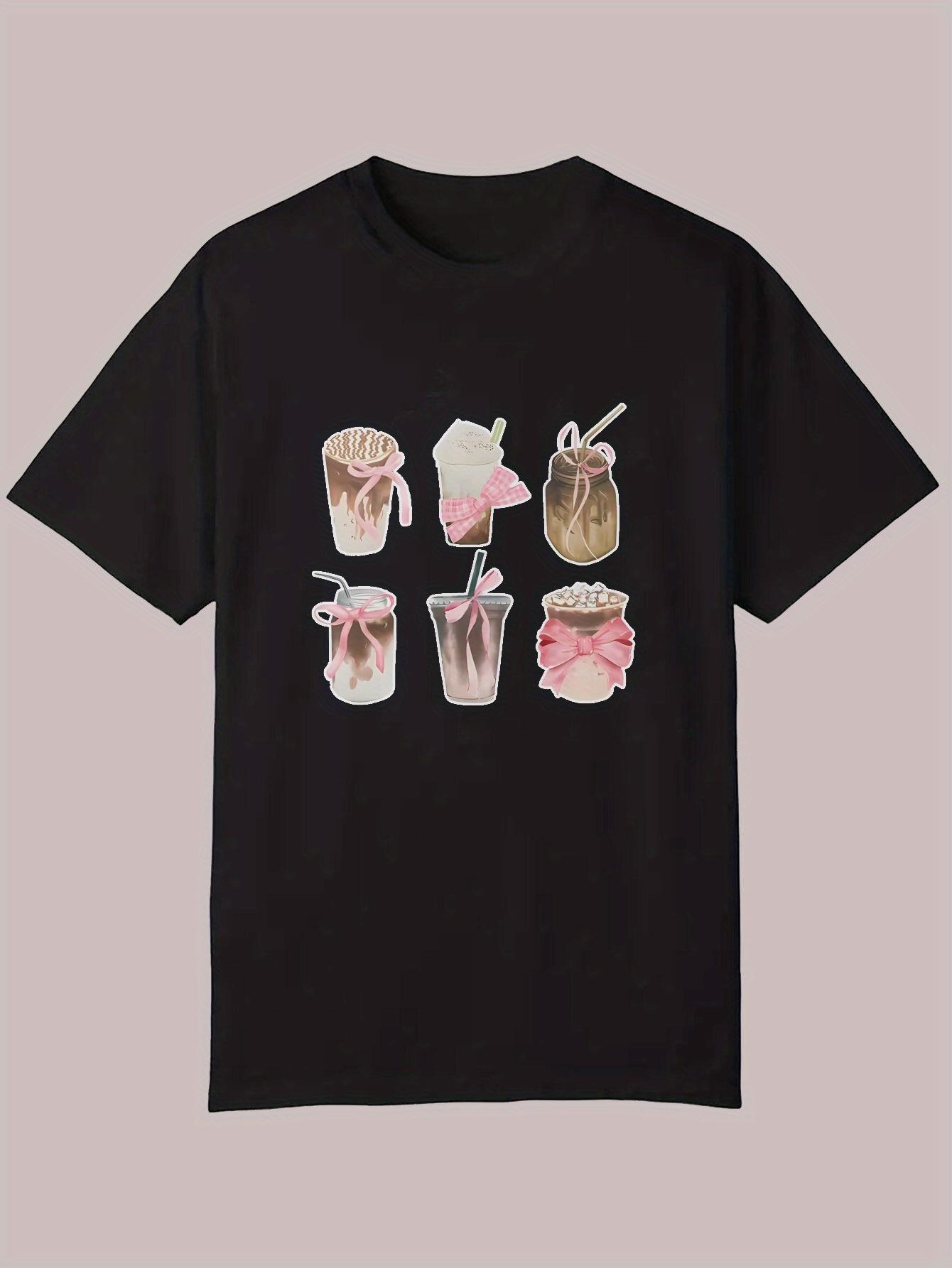 

Summer Casual Graphic T-shirt - Black Soft Polyester Short Sleeve Round Neck Tee with 4 Watercolor Beverage Art Prints S