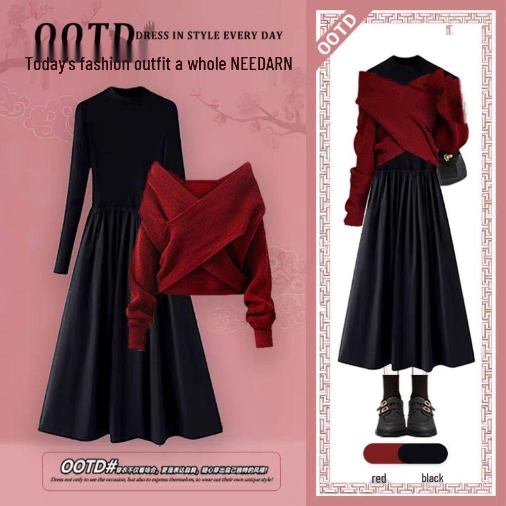 Spring & Autumn Red Cross-Knit Sweater and Dress Set for Young Ladies
